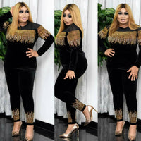African Women Long Sleeve Black Two Pieces Sets Top and Pant