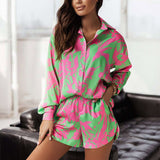 Woman Vintage Long Sleeve Shirt And Short Pants Suit Two Piece