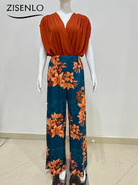 Womwes Pant Sets Summer New Printed Bat Sleeve Tops Wide Legged Pants Two Piece