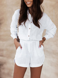 Woman Vintage Long Sleeve Shirt And Short Pants Suit Two Piece