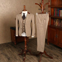 Classic Brown Plaid Tweed Suit for Men Slim fit