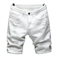 White black Men Ripped Hole Denim Shorts Slim