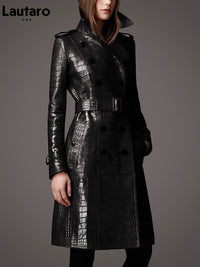 Long Crocodile Print Coat for Women Belt