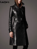 Long Crocodile Print Coat for Women Belt